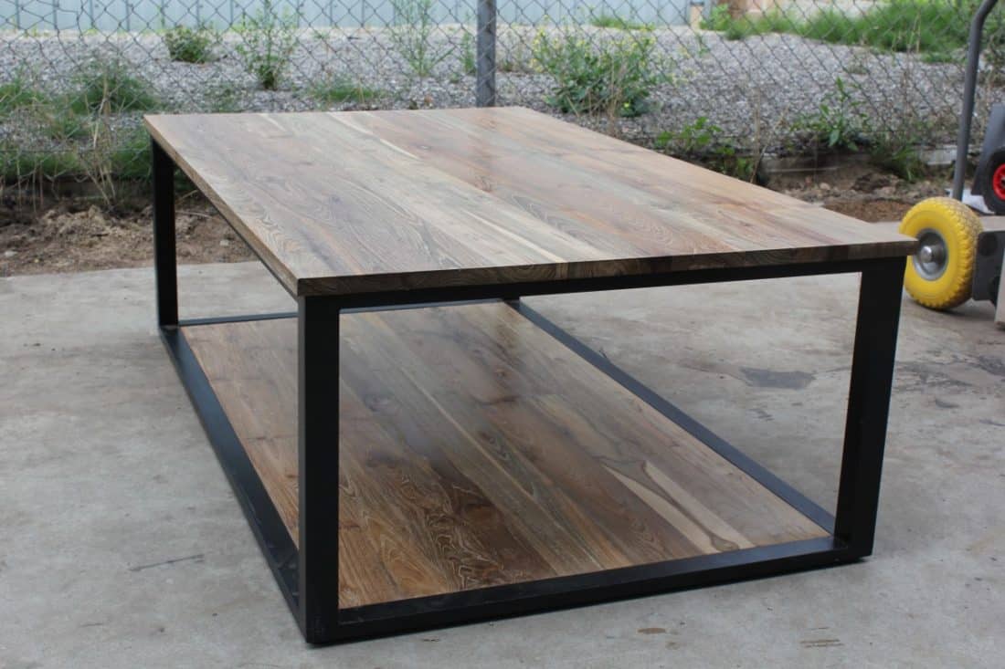 industriële salontafel teak met metaal