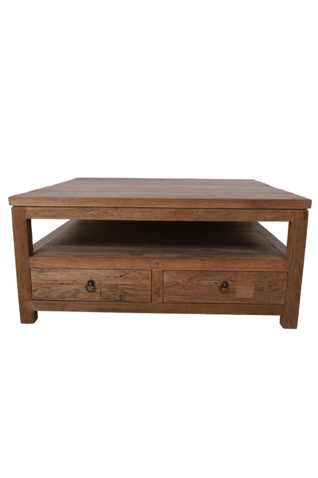 teak houten salontafel 100x100x45 cm met lades