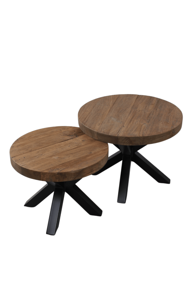 ronde salontafel set teak hout en metaal D60 en D50 cm