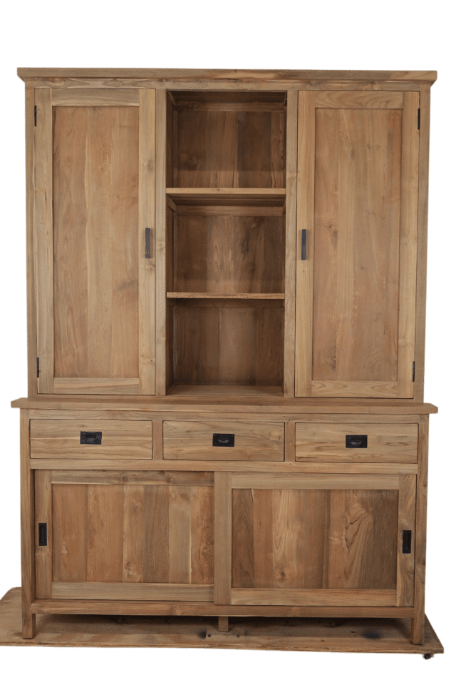 dichte vitrine kast / opbergkast met 1 open vak teak hout 150 cm